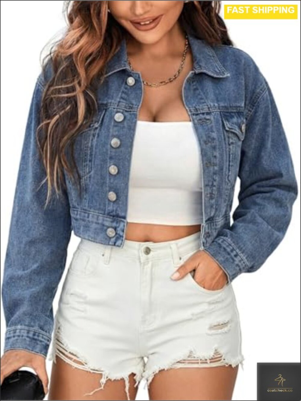 Cropped Denim Jacket Button Front Long Sleeve Relaxed Fit Trucker